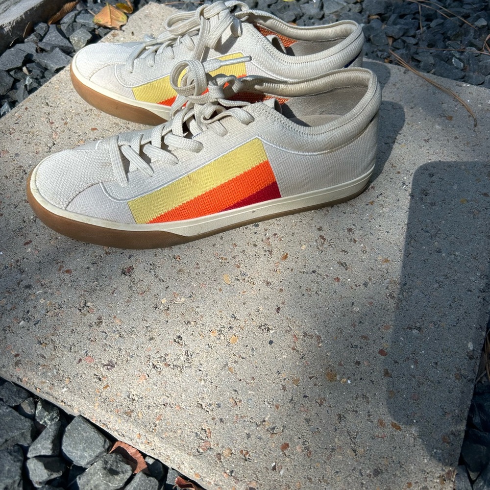 Rothy's Cream Knit Sneakers with Yellow and Orange Stripes - Picture 7 of 8